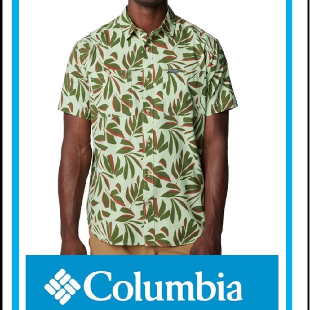 Columbia Men Classic fit Short Sleeve Button-Up Shirt XXL Green Floral